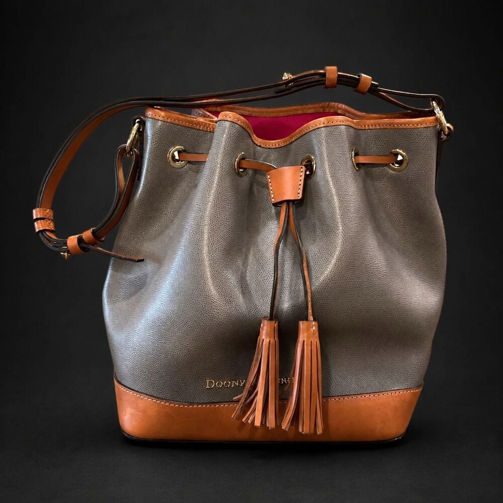 Dooney & Bourke Claremont Pebble Leather Bucket Bag Gray Tan Drawstring Tassel
